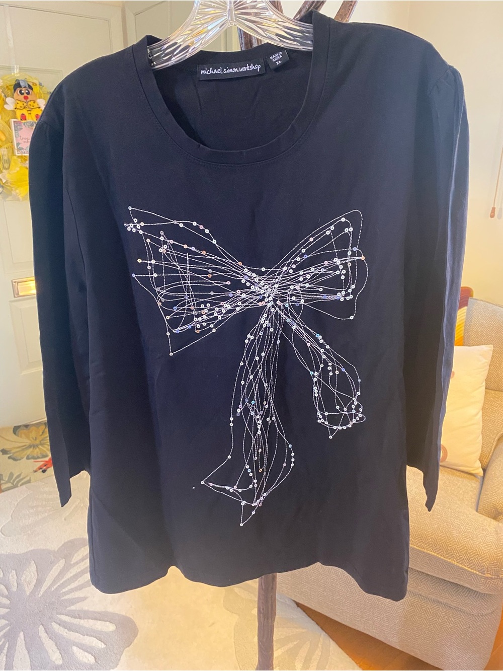 Michael Simon Black 3/4 Sleeves Top with Beaded Bow XL